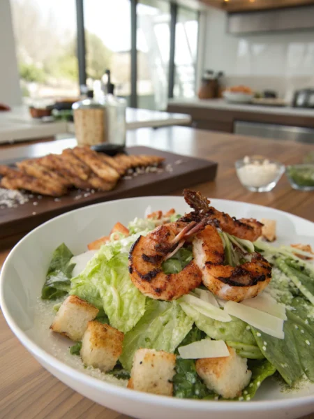 Grilled Shrimp Caesar Salad with charred jumbo shrimp, crisp romaine, Parmesan shavings, croutons in a rustic appetizing arrangement on white plate.