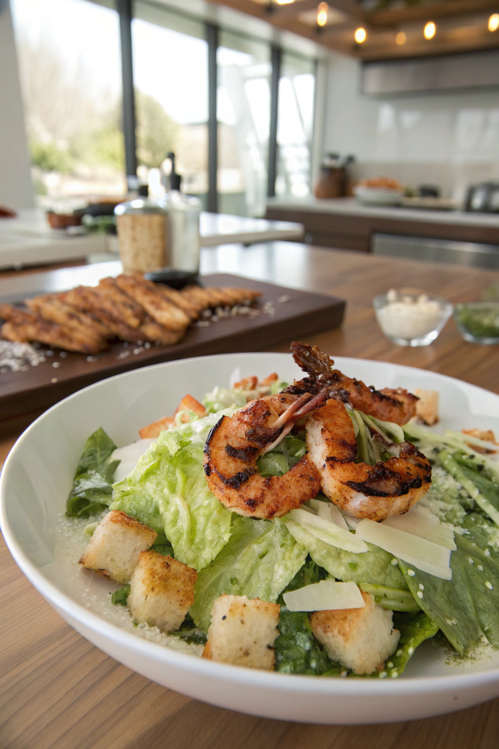 Grilled Shrimp Caesar Salad with charred jumbo shrimp, crisp romaine, Parmesan shavings, croutons in a rustic appetizing arrangement on white plate.