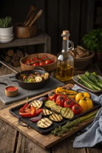 Grill vegetables dish featuring grilled peppers, zucchini, and eggplant on rustic wooden table with vibrant colors.