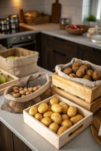 Store potatoes: Vibrant photo composing various containers for preserving potatoes using natural light and shadows.