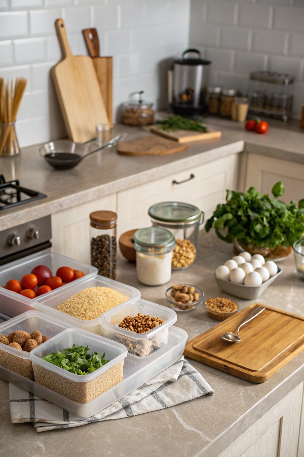 Kitchen hacks with eggs and vegetables, stunning kitchen scene showcasing organization tips in cinematic lighting.