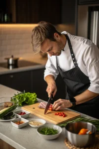 Knife skills tutorial showcasing diced onions and sliced bell peppers in a cinematic kitchen scene with soft shadows.