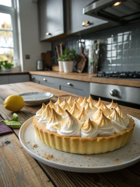 Lemon meringue pie recipe with tall golden meringue peaks on a white plate, rustic wooden table, natural light, inviting lemon dessert.
