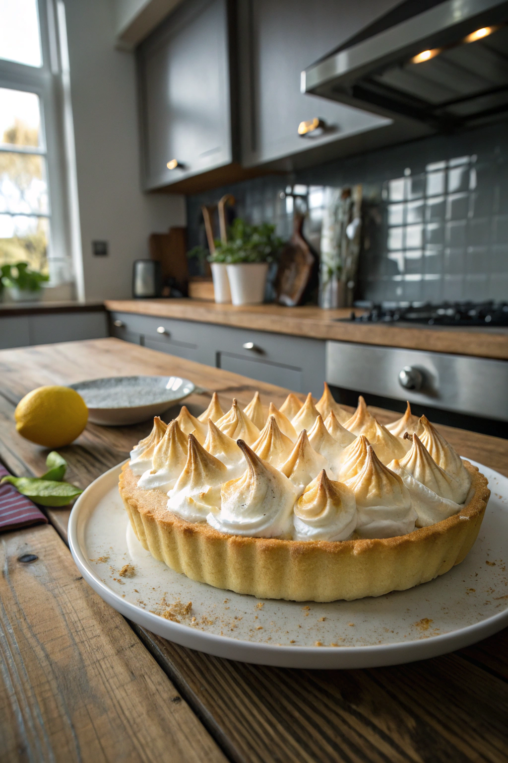 Lemon meringue pie recipe with tall golden meringue peaks on a white plate, rustic wooden table, natural light, inviting lemon dessert.