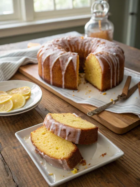 Lemon pound cake with lemon glaze, golden-brown exterior, moist yellow interior, sliced on white platter.
