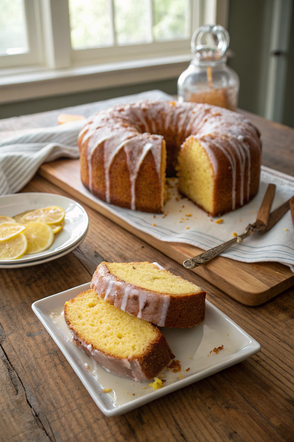 Lemon pound cake with lemon glaze, golden-brown exterior, moist yellow interior, sliced on white platter.