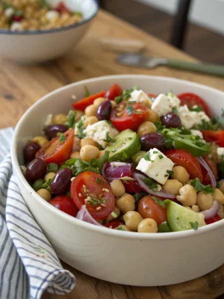 Mediterranean Chickpea Salad photo: colorful bowl of chickpeas, tomatoes, olives, feta, herbs on rustic table in bright kitchen.