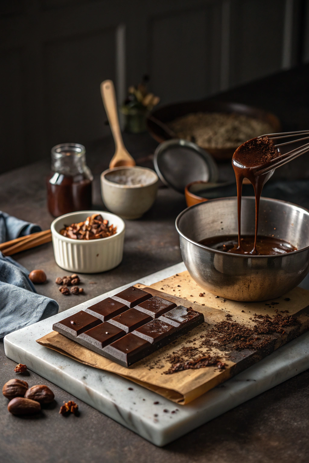 Melt chocolate recipe with melting chocolate chunks, cinematic lighting, high-end kitchen scene