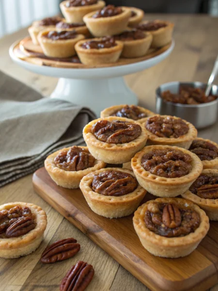 Mini pecan pies arranged beautifully on rustic wooden table, featuring golden crusts, glossy pecan filling, whole and halved.