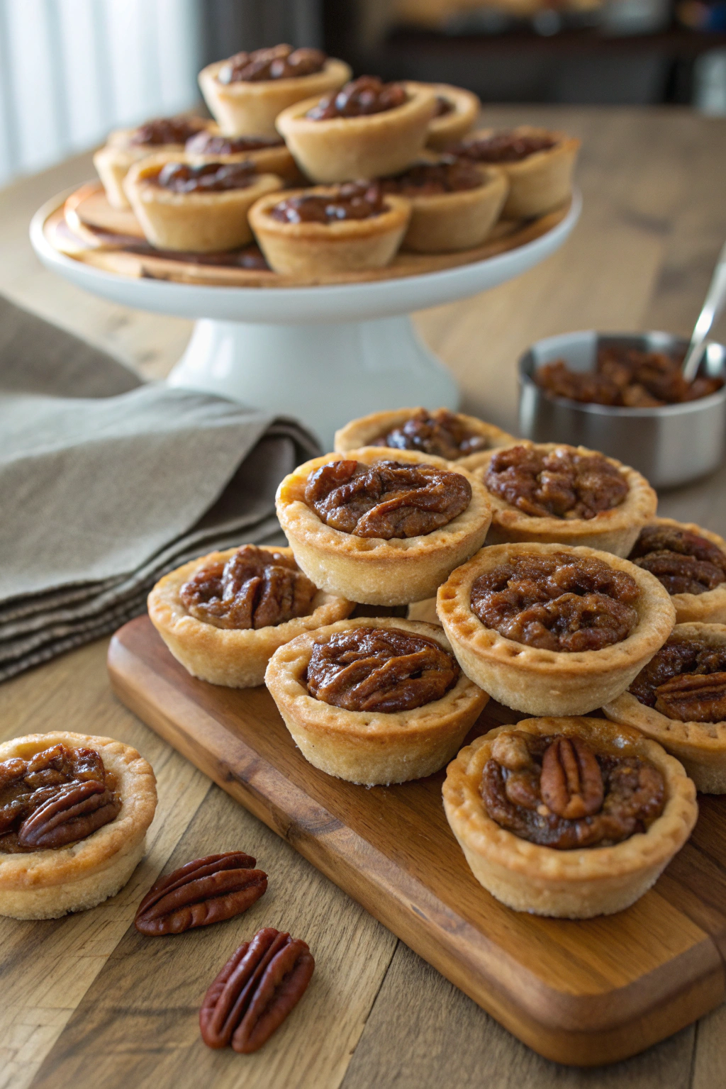 Mini pecan pies arranged beautifully on rustic wooden table, featuring golden crusts, glossy pecan filling, whole and halved.