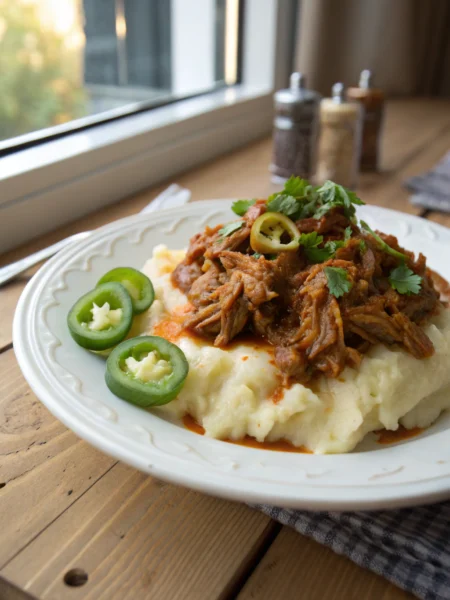 Mississippi chicken over mashed potatoes with pepperoncini garnish. Rustic photo captures saucy shredded chicken atop creamy potatoes on white plate.