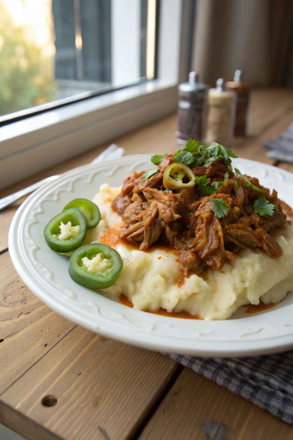 Mississippi chicken over mashed potatoes with pepperoncini garnish. Rustic photo captures saucy shredded chicken atop creamy potatoes on white plate.