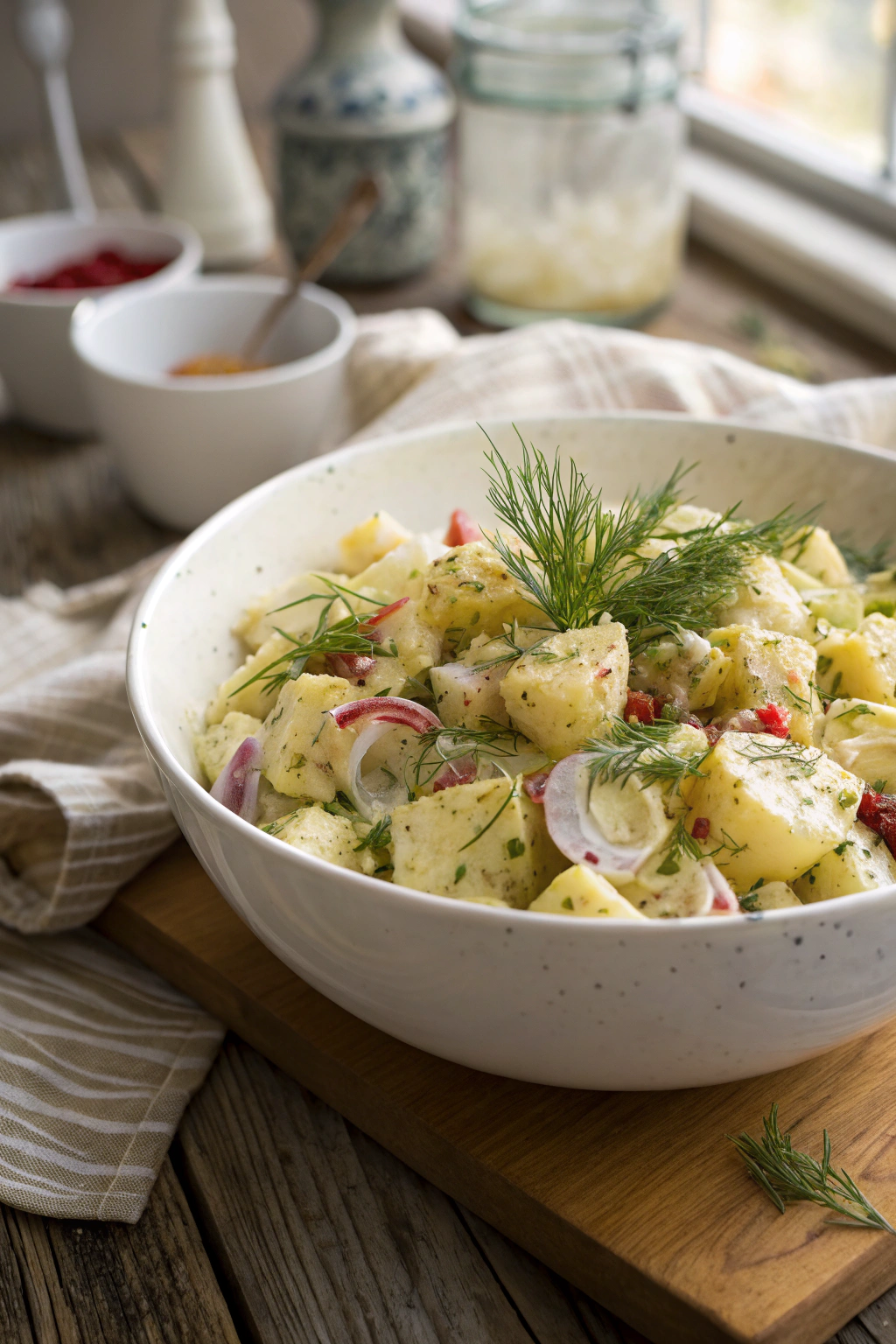 Mustard potato salad with chunks of potato, red onion and celery in creamy dressing garnished with dill sprigs.
