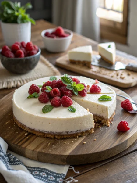 No-bake cheesecake with raspberries, smooth creamy texture, garnished with mint on rustic wood table