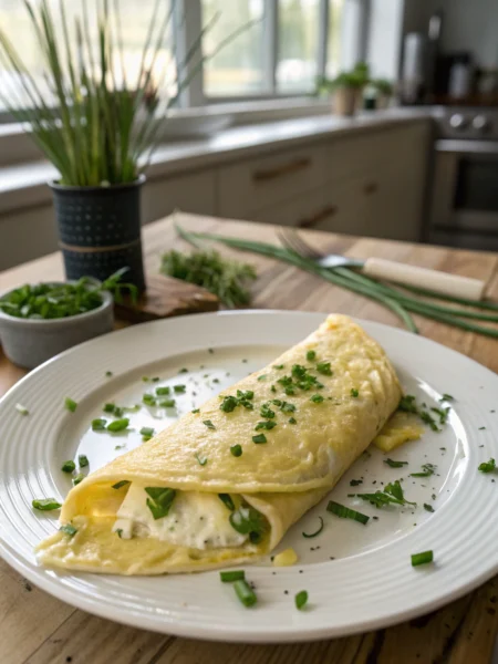 Omelette recipe with eggs and chives, perfectly folded fluffy pale yellow omelette garnished with fresh green chives on rustic wooden table.