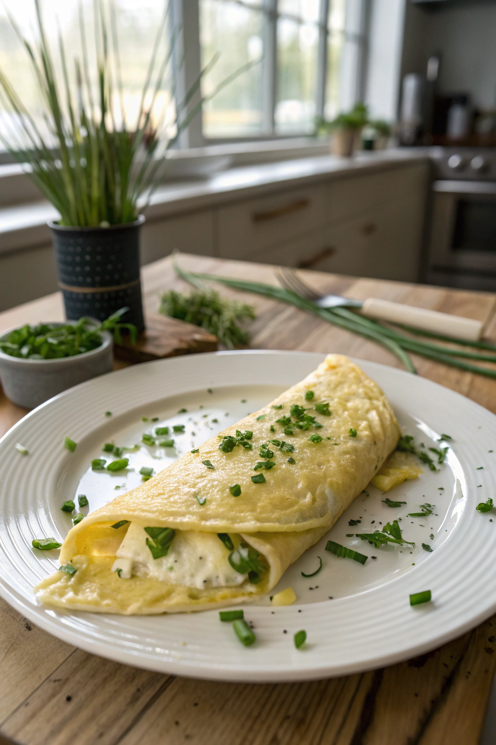 Omelette recipe with eggs and chives, perfectly folded fluffy pale yellow omelette garnished with fresh green chives on rustic wooden table.