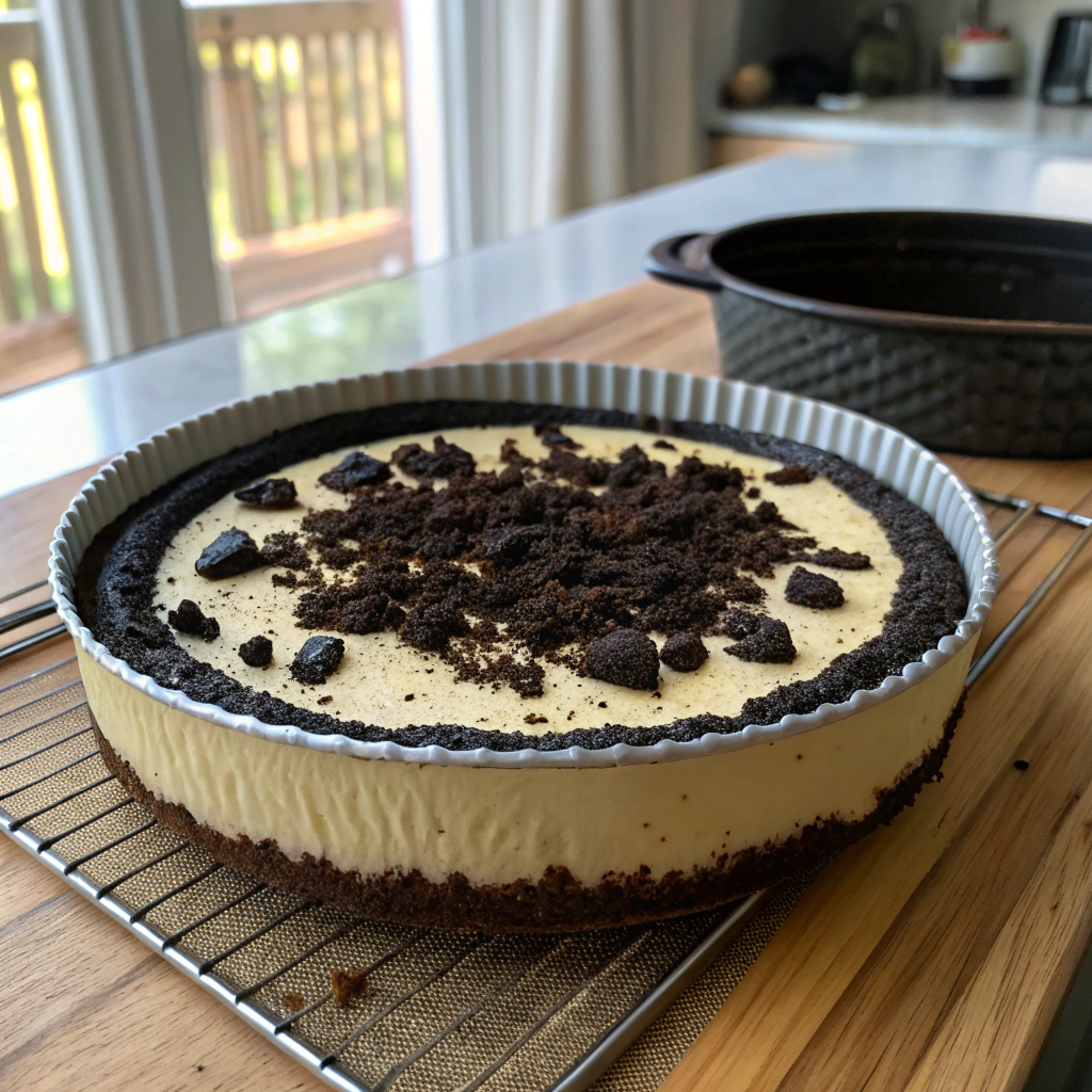 Oreo cheesecake with crushed oreos, perfectly baked with golden edges and jiggly center, beautifully plated.