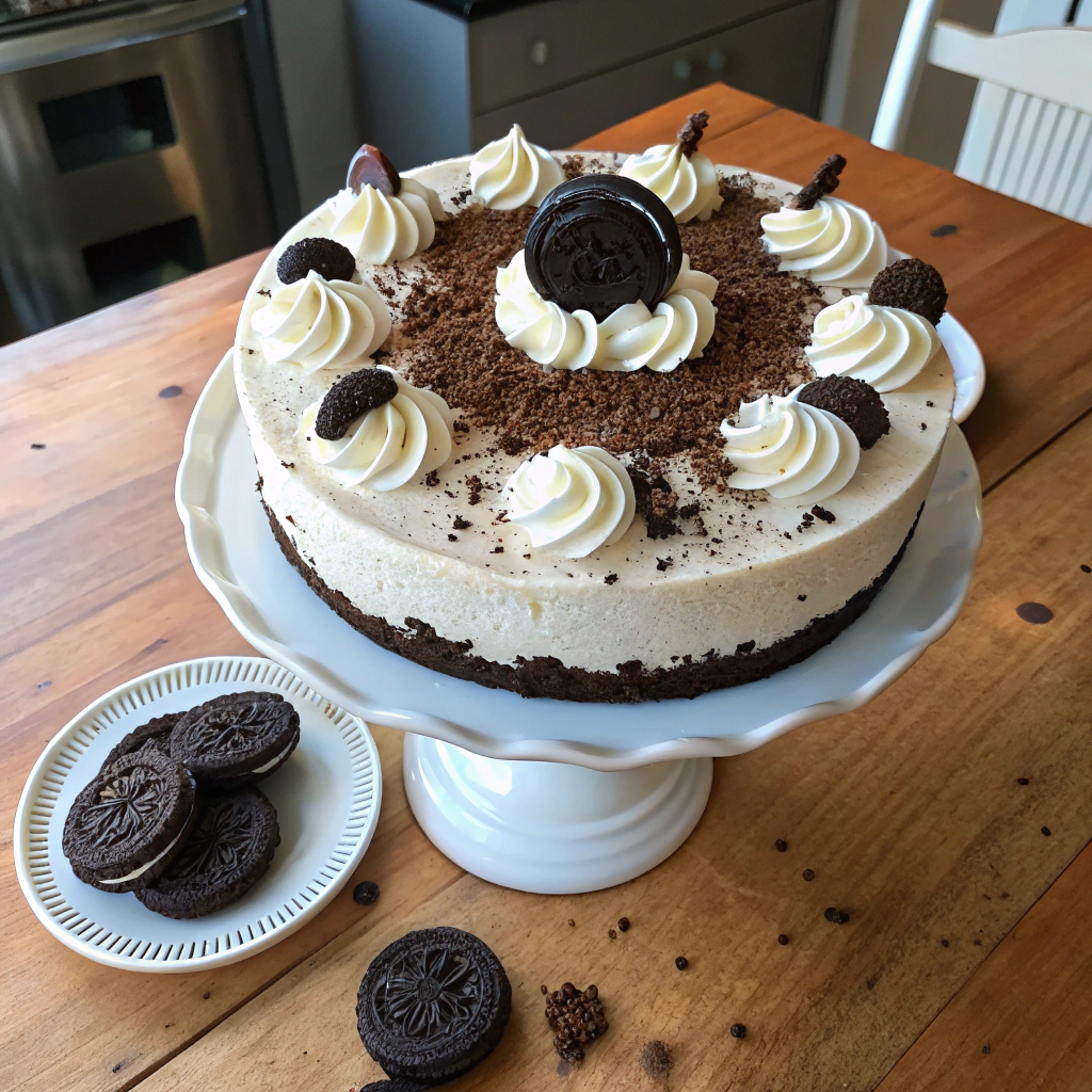 Oreo cheesecake with creamy whipped cream rosettes, Oreo crumbs, centered whole Oreo cookie on rustic wooden table.