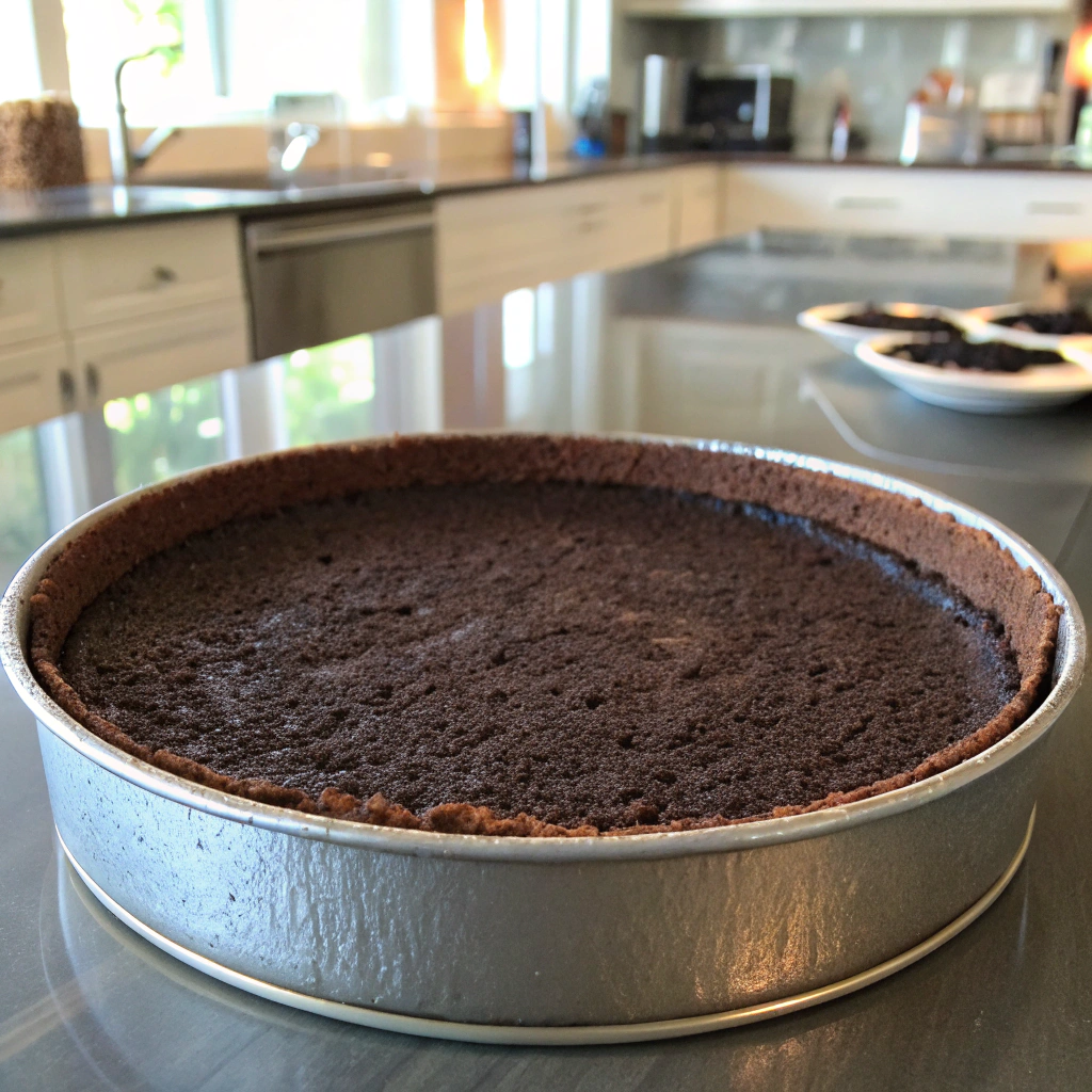 Oreo cheesecake crust being pressed into springform pan, showcasing even thickness and clean edges against dark chocolate contrast.