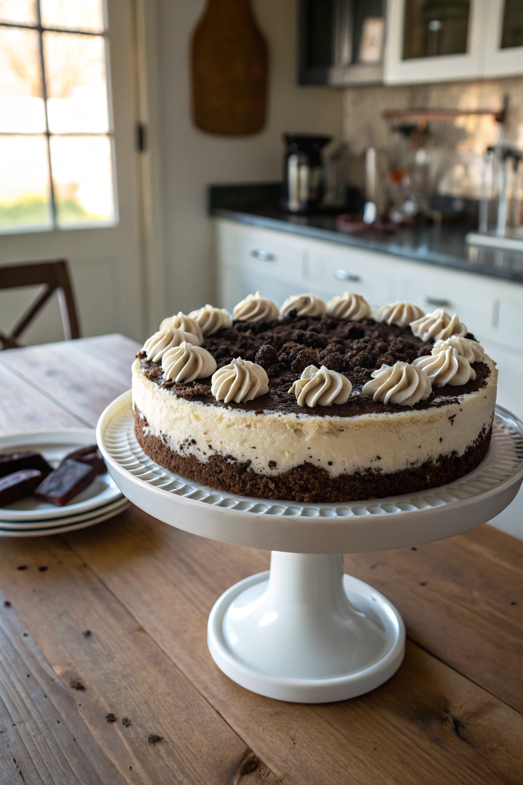 Oreo cheesecake with creamy swirled border and crushed cookie topping on ceramic stand, drool-worthy dessert.