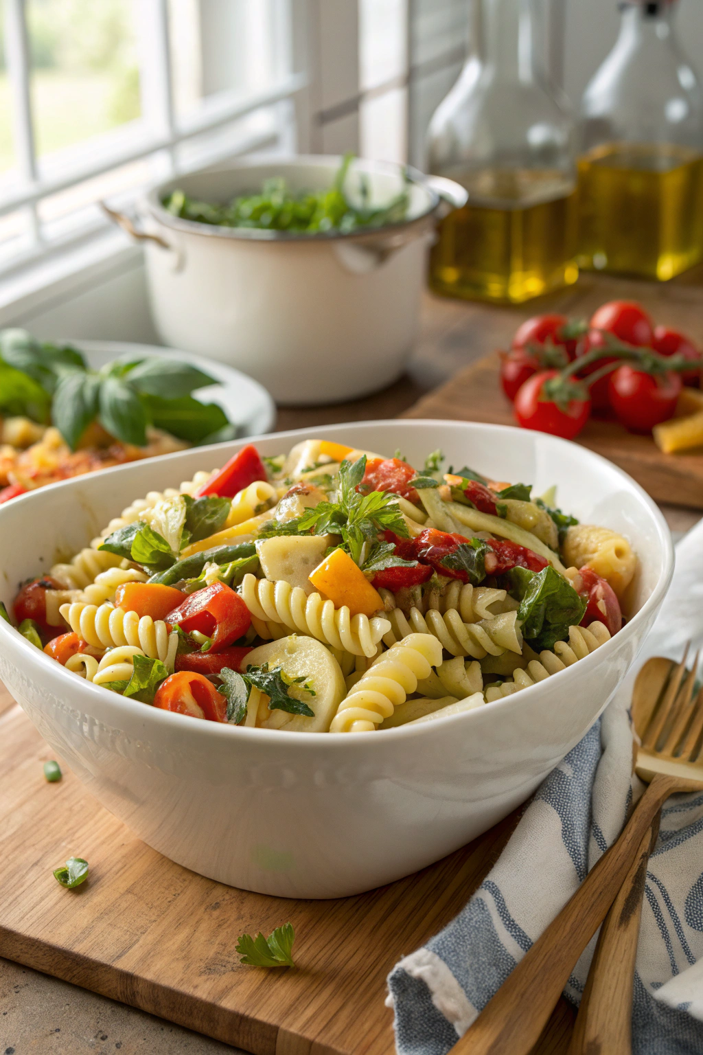 Pasta primavera salad with colorful veggies, pasta in a white bowl on wood table, naturally lit