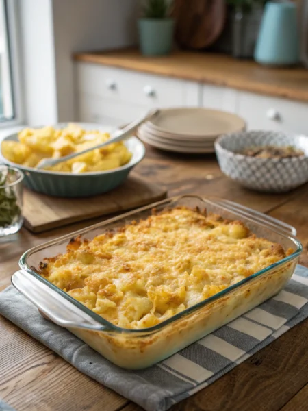 Pineapple casserole with golden cracker topping, bubbly cheese, in a baking dish on a rustic table. Inviting angled shot of pineapple baked dessert.