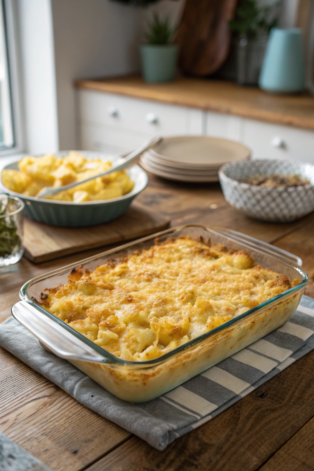 Pineapple casserole with golden cracker topping, bubbly cheese, in a baking dish on a rustic table. Inviting angled shot of pineapple baked dessert.
