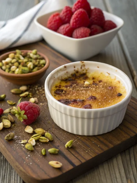 Pistachio creme brulee in ramekin, caramelized top with pistachios and raspberries, angled shot on rustic table, inviting composition.