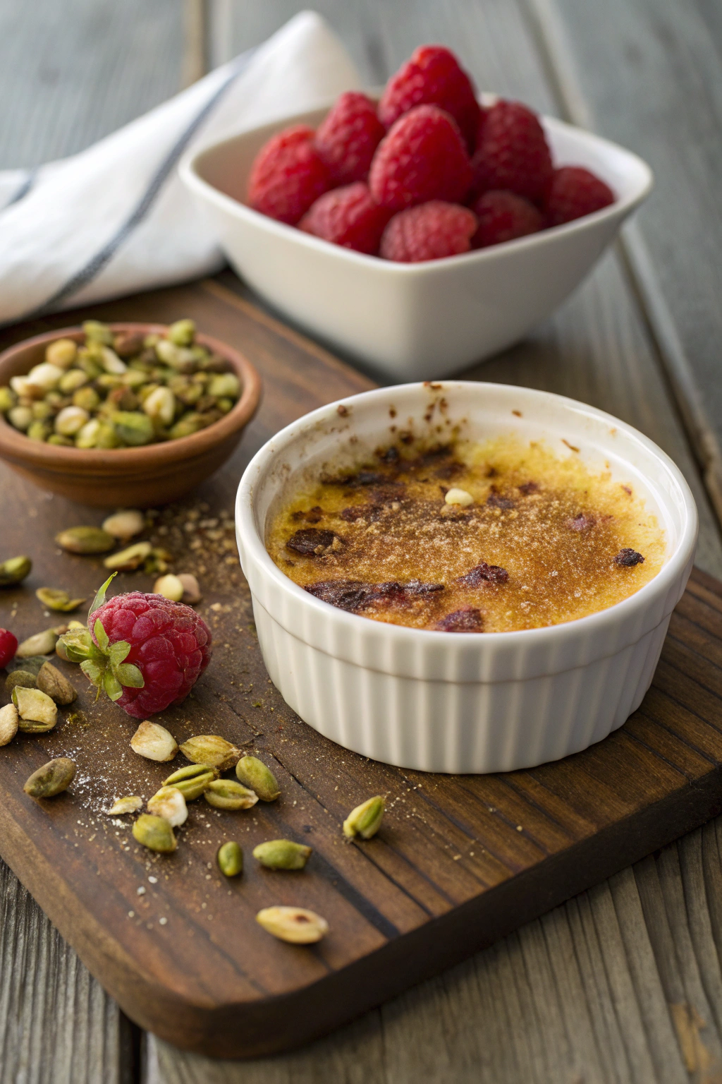Pistachio creme brulee in ramekin, caramelized top with pistachios and raspberries, angled shot on rustic table, inviting composition.