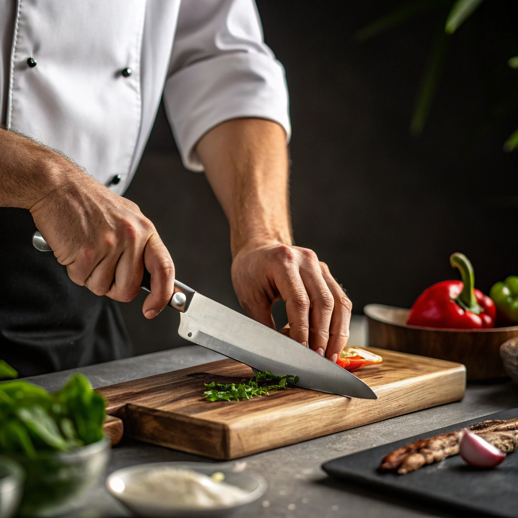 Cooking equipment: Chef's knife sharpening technique, hands demonstrating on wood surface, cinematic lighting.