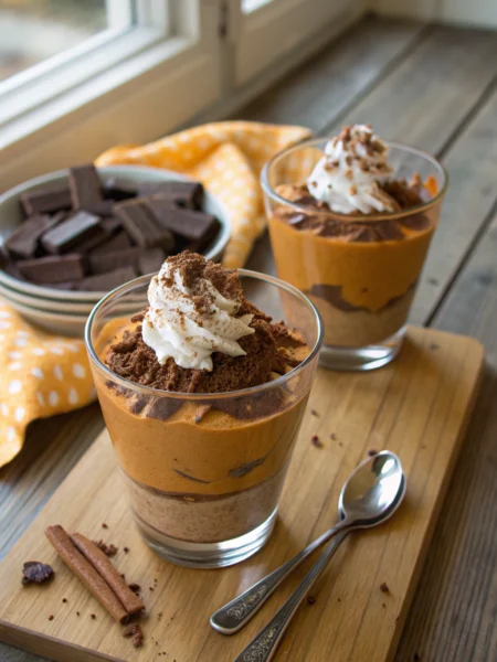 Pumpkin puree and dark chocolate mousse layered in elegant parfait glasses with whipped cream and cinnamon