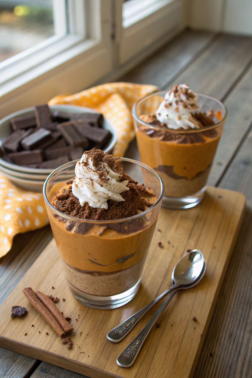 Pumpkin puree and dark chocolate mousse layered in elegant parfait glasses with whipped cream and cinnamon