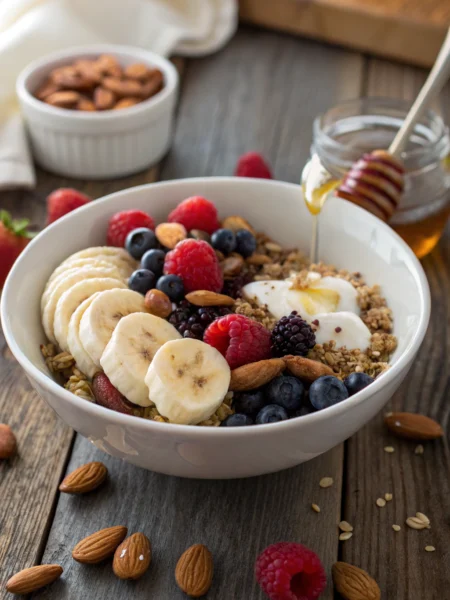 Quinoa breakfast bowl with sliced bananas, berries, almonds, yogurt drizzled with honey. Angled shot of vibrant ingredients in white bowl.