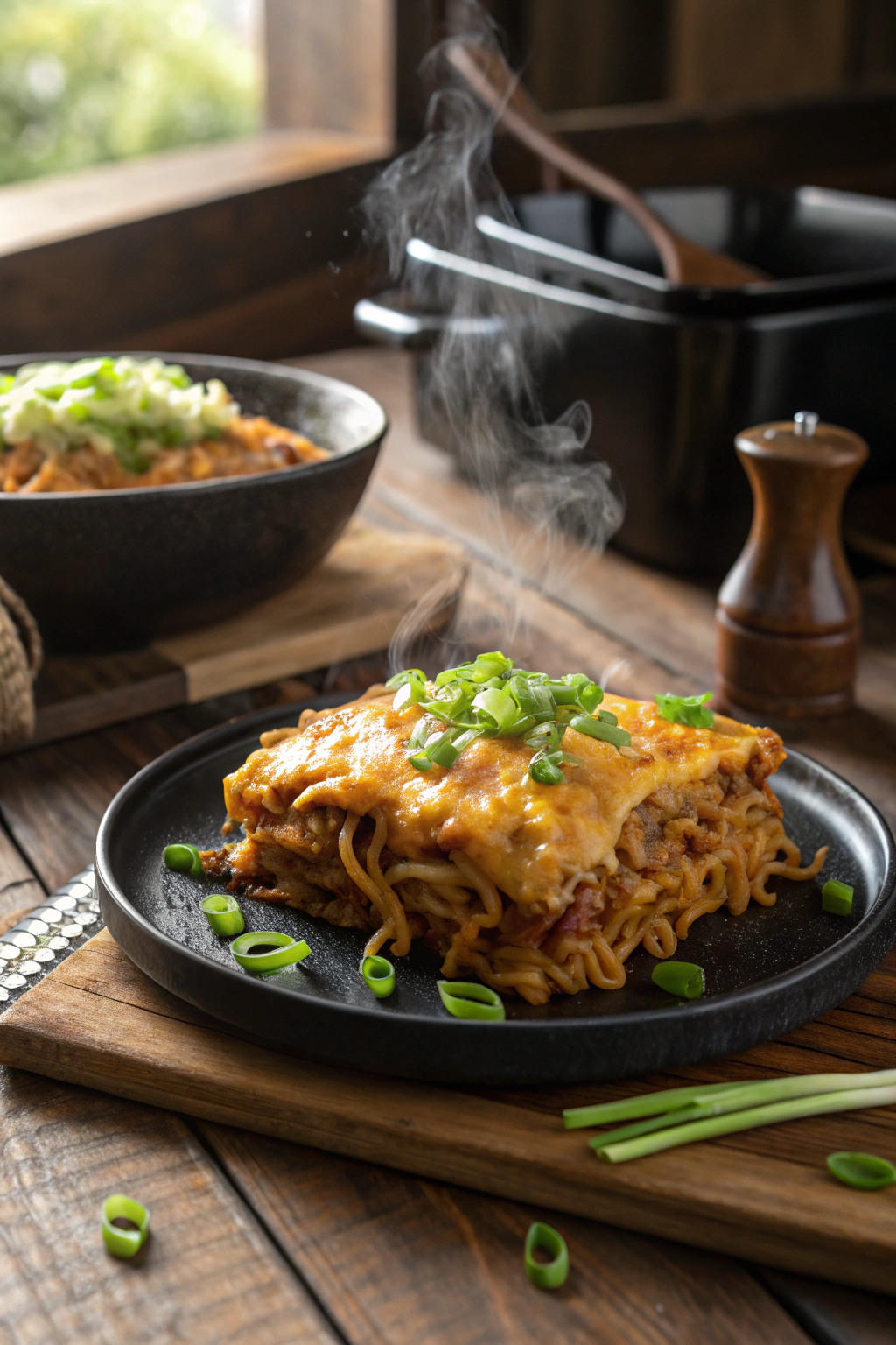 Ramen lasagna photo: melted cheese, green onions, steaming on rustic table. Mouthwatering composition of Italian-Japanese fusion dish.