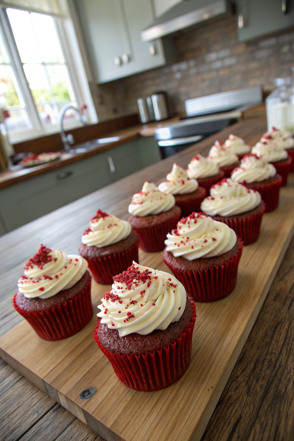 Red velvet cupcakes topped with cream cheese frosting and crumbs, diagonally arranged on rustic wooden table.