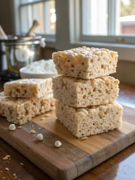 Rice krispie treats recipe with gooey marshmallow, crispy rice exterior. Perfectly cut squares, stretchy interior texture shown.