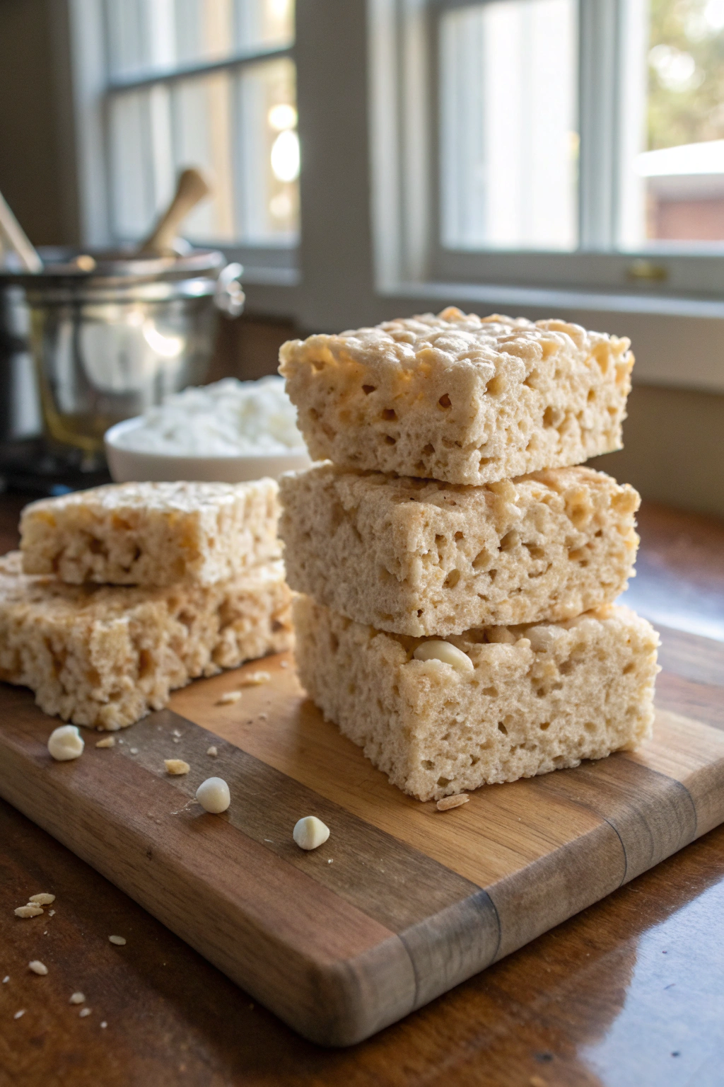 Rice krispie treats recipe with gooey marshmallow, crispy rice exterior. Perfectly cut squares, stretchy interior texture shown.