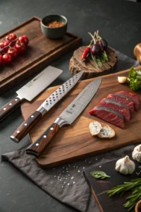 Sharpen Knives: Professional photo of dull to razor-sharp knives, blades, steel on wood countertop in dramatic lighting, showcasing knife sharpening process.