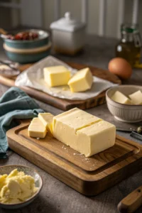 Soften butter for baking – golden butter melting in rustic kitchen scene, cinematic lighting, perfect for softened butter recipes