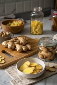 Store ginger methods: Professional photo showcasing vibrant ginger roots, peeled and cut into pieces, capturing storage techniques.