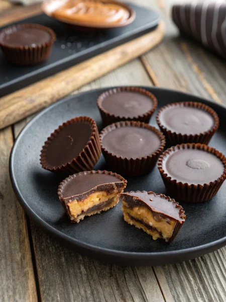 sugar free candy peanut butter cups, glossy layered candies on black plate, rustic wood table