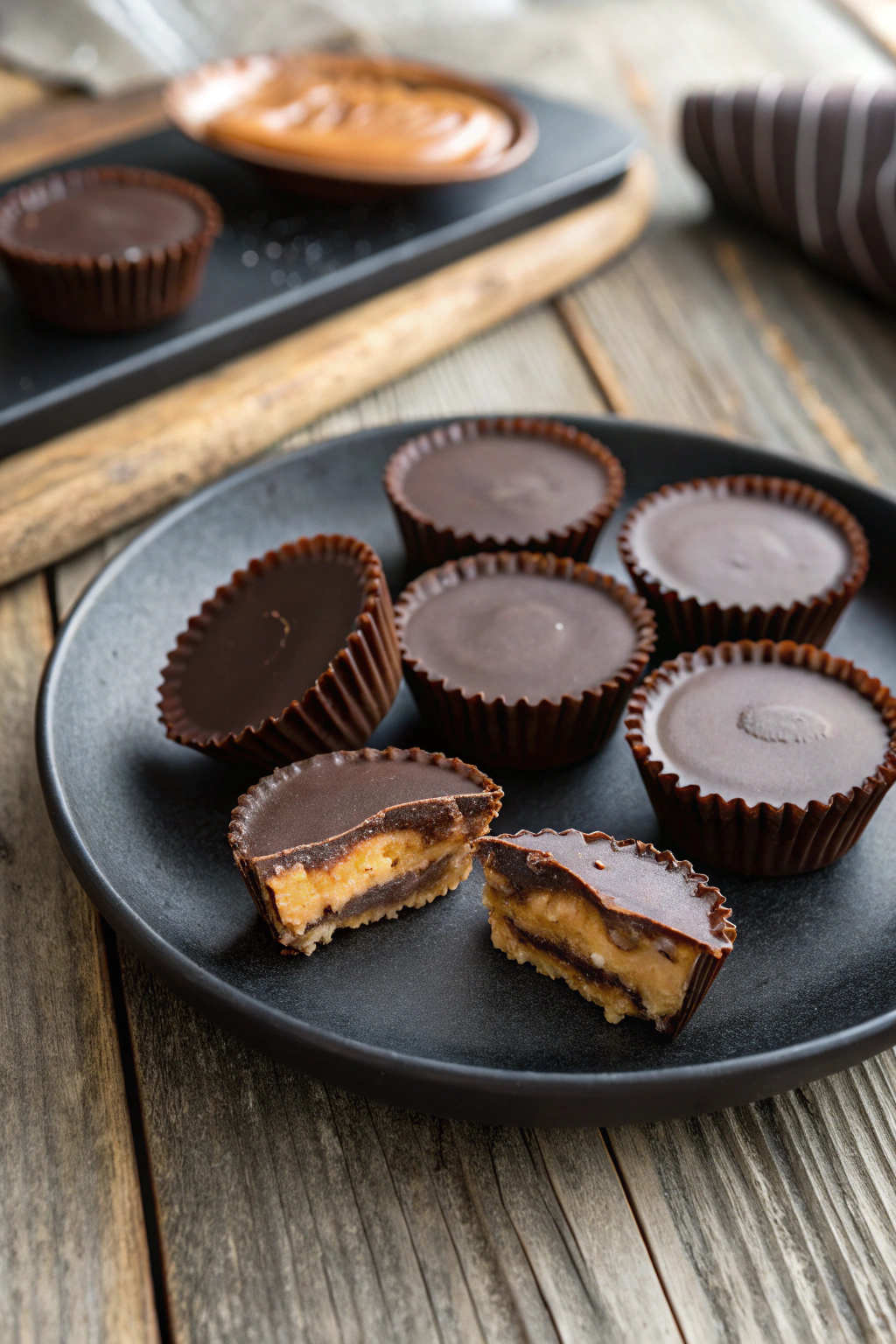 sugar free candy peanut butter cups, glossy layered candies on black plate, rustic wood table