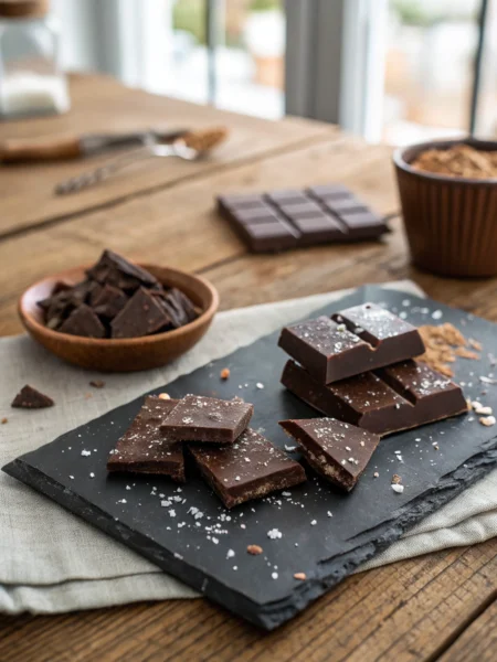 Sugar free chocolate shards with cocoa arranged artistically on black slate, glossy and tempting to snap.