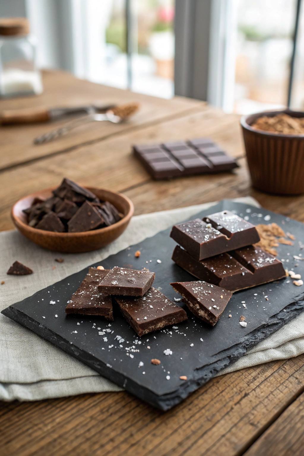 Sugar free chocolate shards with cocoa arranged artistically on black slate, glossy and tempting to snap.