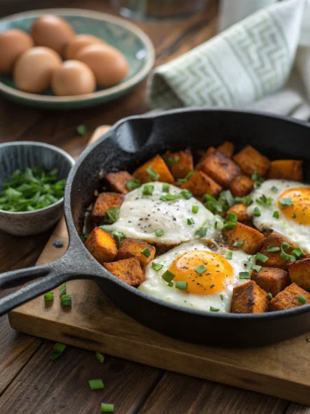 Sweet Potato and Egg Skillet: Runny eggs nestled in golden sweet potato cubes, garnished with chives in cast iron skillet.