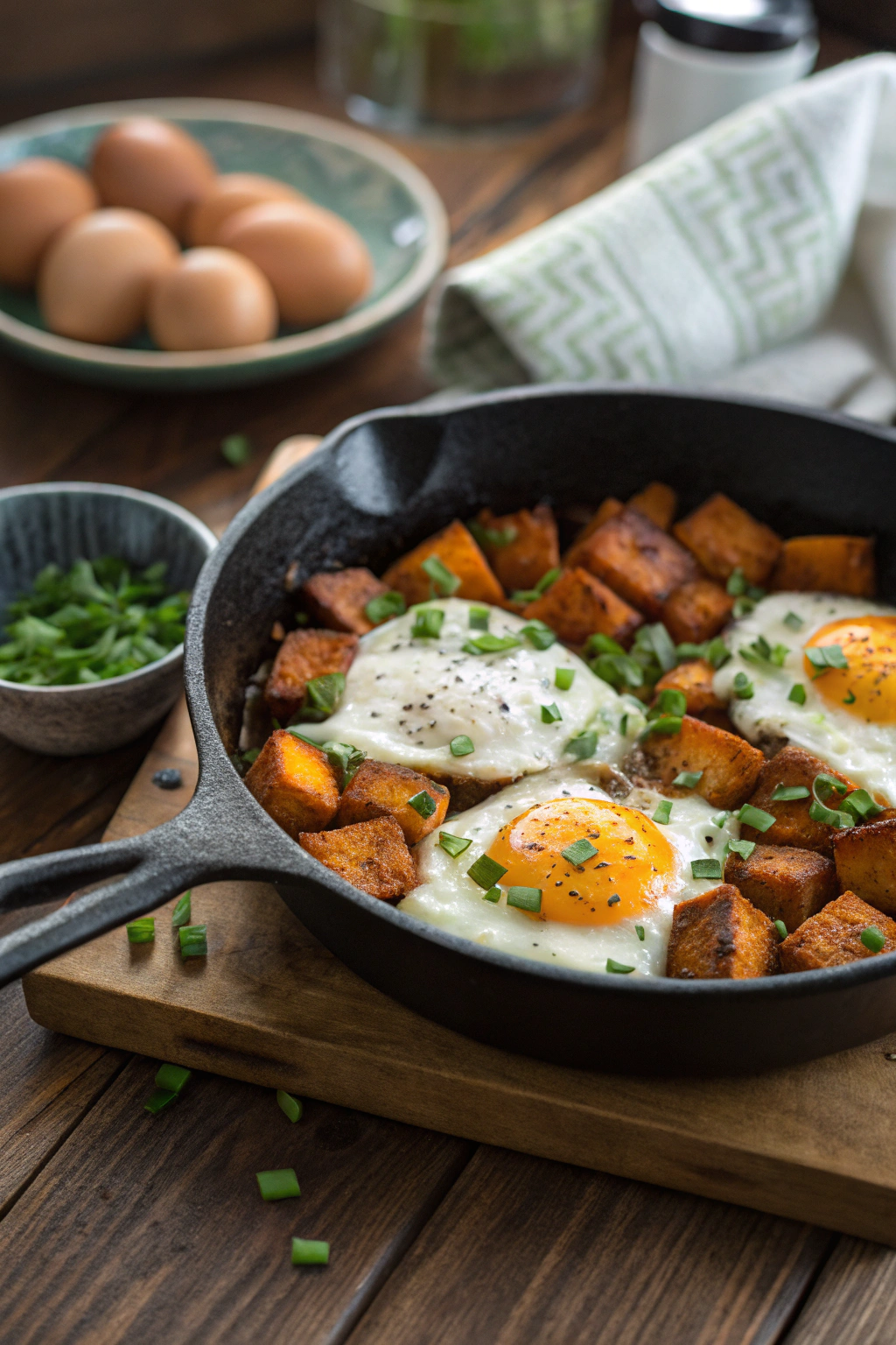 Sweet Potato and Egg Skillet: Runny eggs nestled in golden sweet potato cubes, garnished with chives in cast iron skillet.