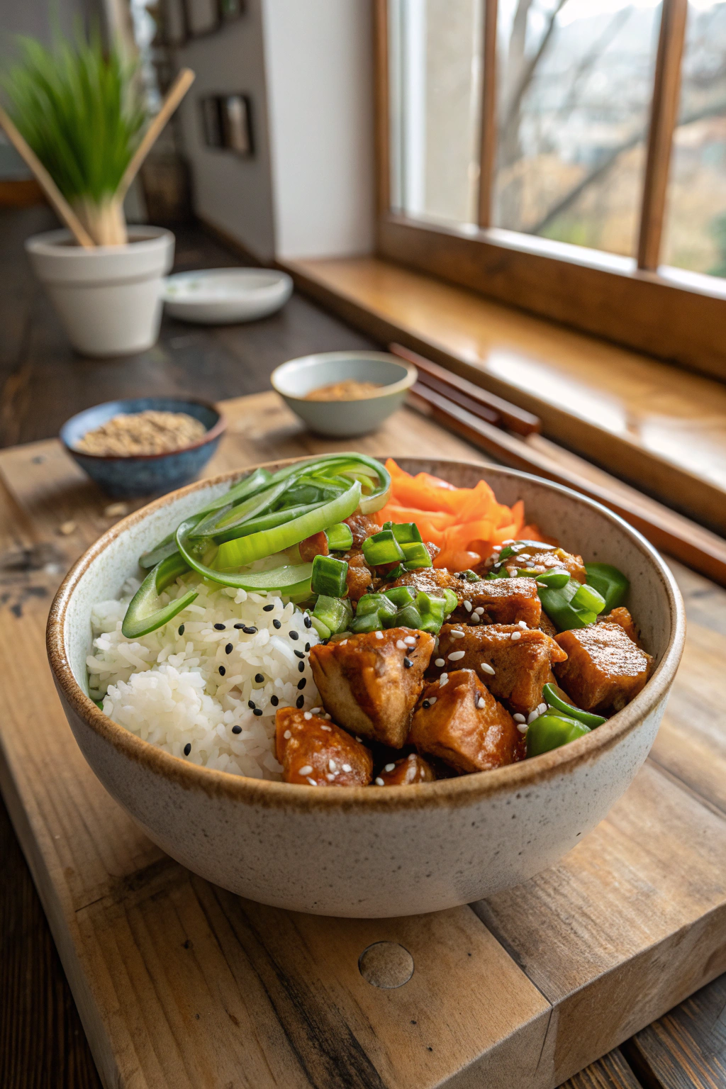 Teriyaki bowl with glazed chicken, vibrant veggies, and white rice in a warm kitchen setting.