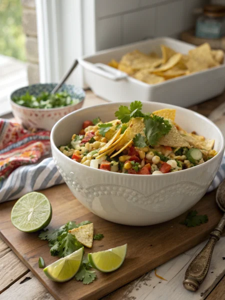 Tex mex chopped salad with layers of colorful veggies, tortilla strips, cilantro, lime in ceramic bowl on wooden table. Appetizing 45-degree angle.
