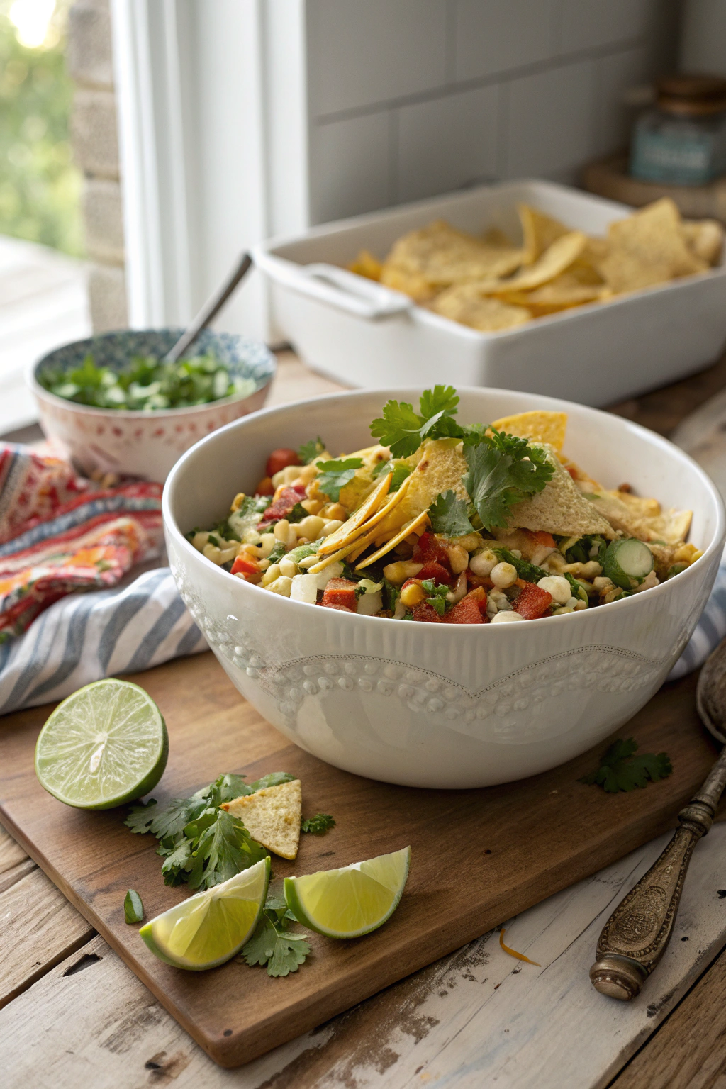 Tex mex chopped salad with layers of colorful veggies, tortilla strips, cilantro, lime in ceramic bowl on wooden table. Appetizing 45-degree angle.
