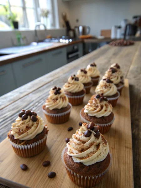 Tiramisu cupcakes with mascarpone frosting, cocoa dusting, and chocolate espresso beans atop, diagonally arranged on rustic wooden table.